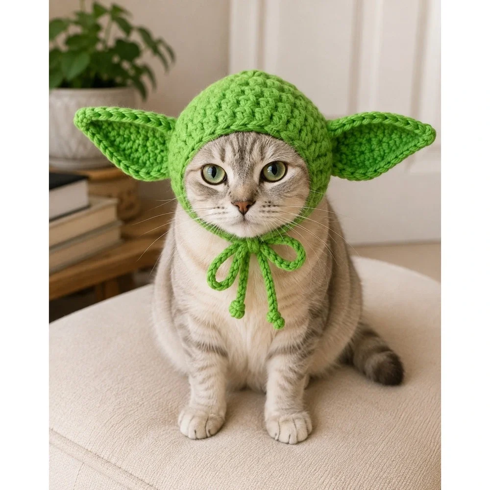Handmade Crochet Yoda Pet Hat Green Dog Cat Costume Star Wars Inspired